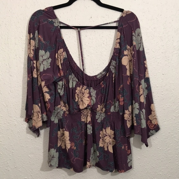 Free People T-Strap Purple Floral Boho Blouse size M - Picture 5 of 8
